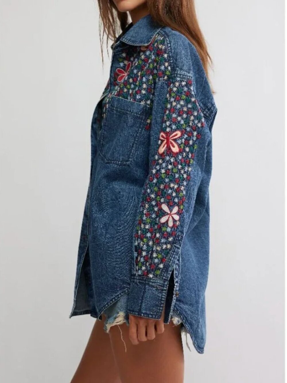 FREE PEOPLE NWT Rainbow Embroidered Denim Shirt / Rinse Wash - Picture 2 of 6